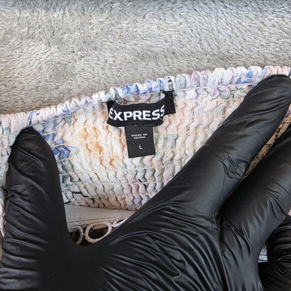 Express Blouse Womens Large Pink Floral Peplum Smocked Sweetheart Linen Blend - Picture 2 of 9